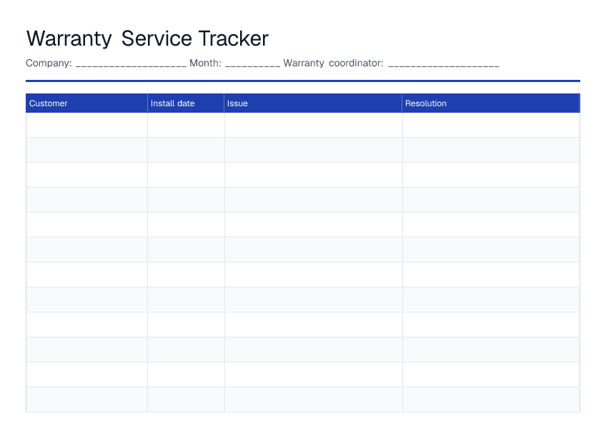 Warranty Service Tracker — printable PDF preview