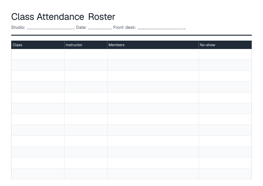 Class Attendance Roster — printable PDF preview