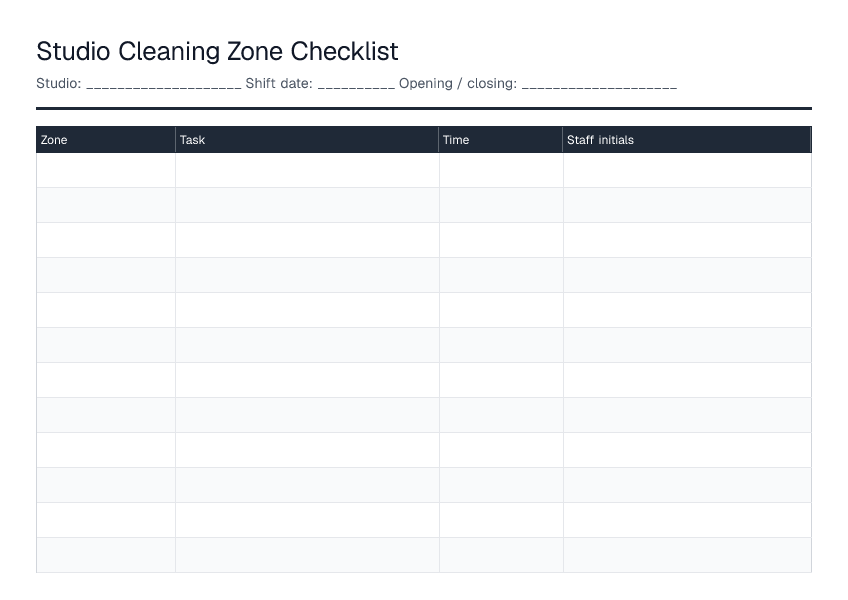 Studio Cleaning Zone Checklist — printable PDF preview