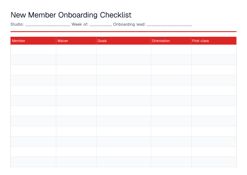 New Member Onboarding Checklist — printable PDF preview