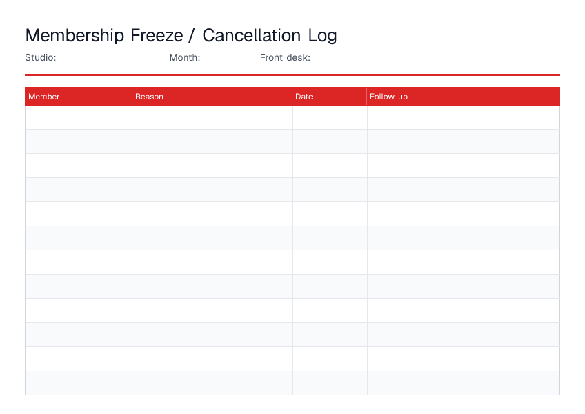 Membership Freeze / Cancellation Log — printable PDF preview