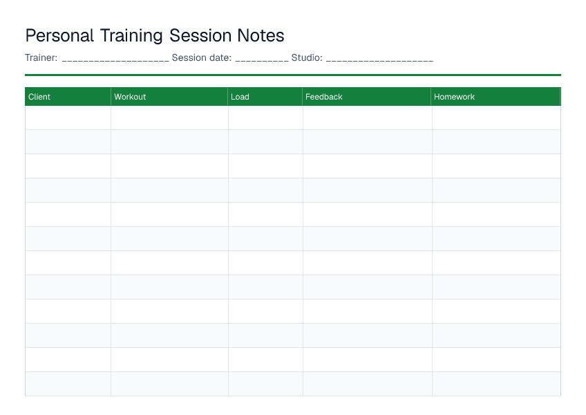 Personal Training Session Notes — printable PDF preview