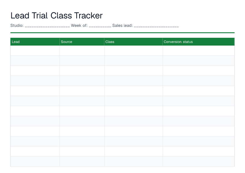 Lead Trial Class Tracker — printable PDF preview