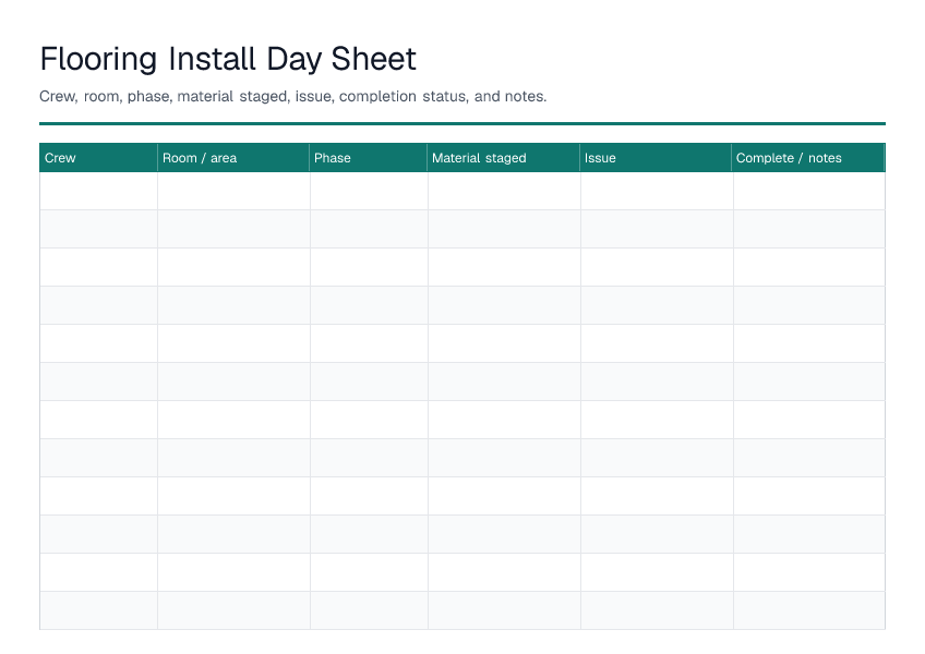 Flooring Install Day Sheet — printable PDF preview
