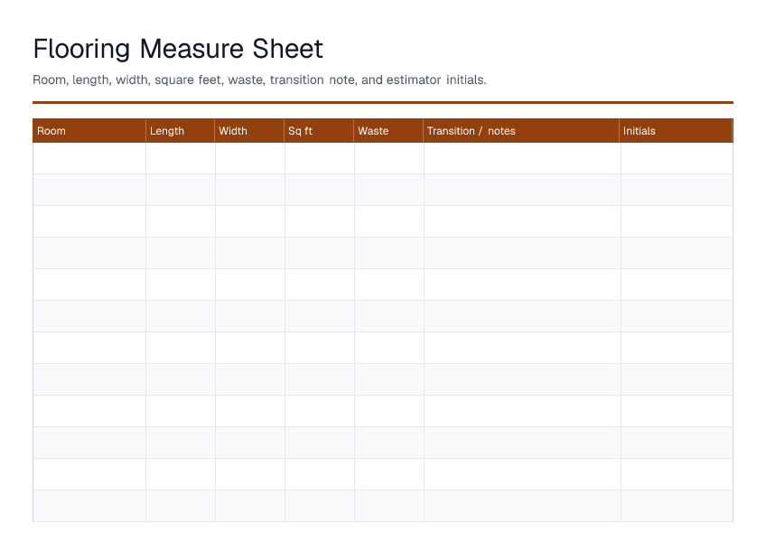 Flooring Measure Sheet — printable PDF preview