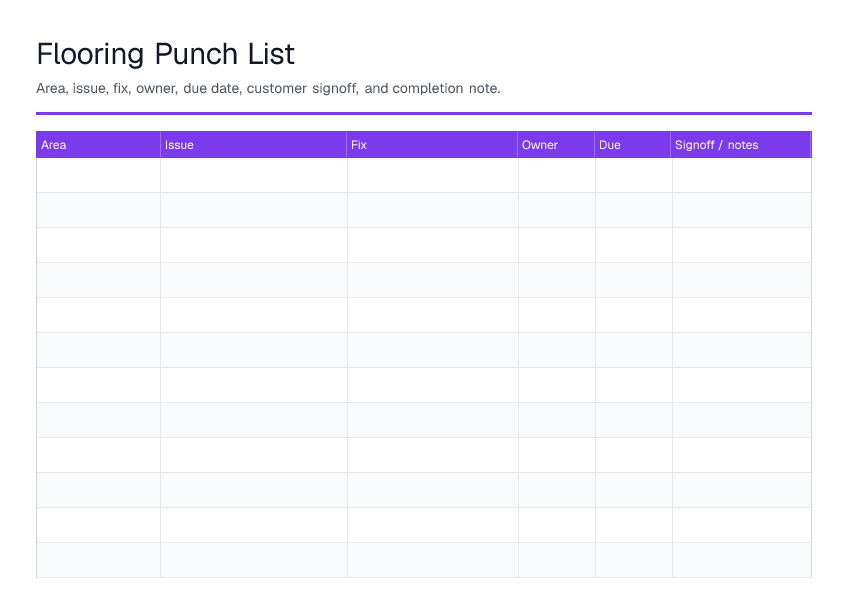 Flooring Punch List — printable PDF preview