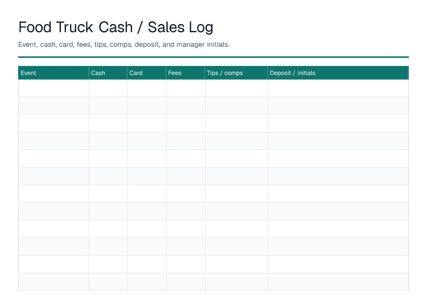 Food Truck Cash / Sales Log — printable PDF preview