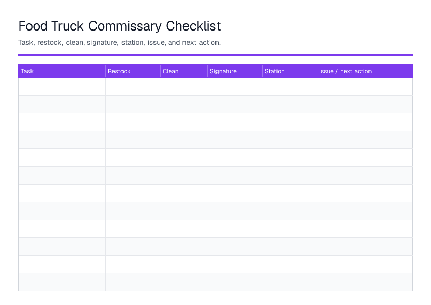 Food Truck Commissary Checklist — printable PDF preview