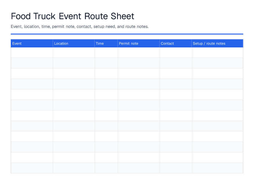 Food Truck Event Route Sheet — printable PDF preview