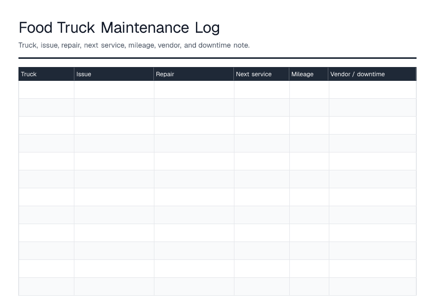 Food Truck Maintenance Log — printable PDF preview