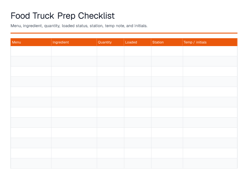 Food Truck Prep Checklist — printable PDF preview