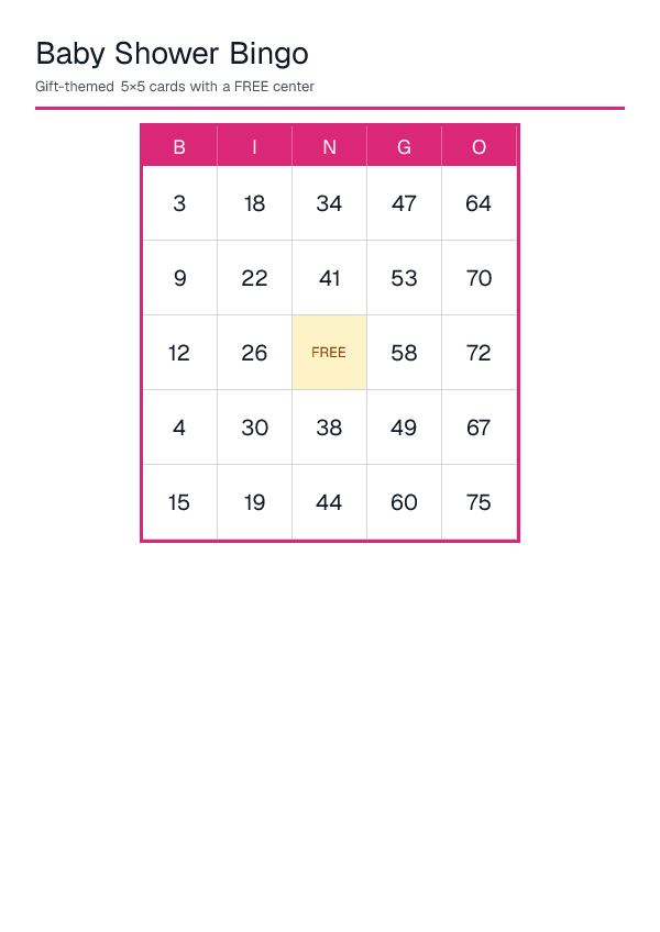 Baby Shower Bingo — printable PDF preview