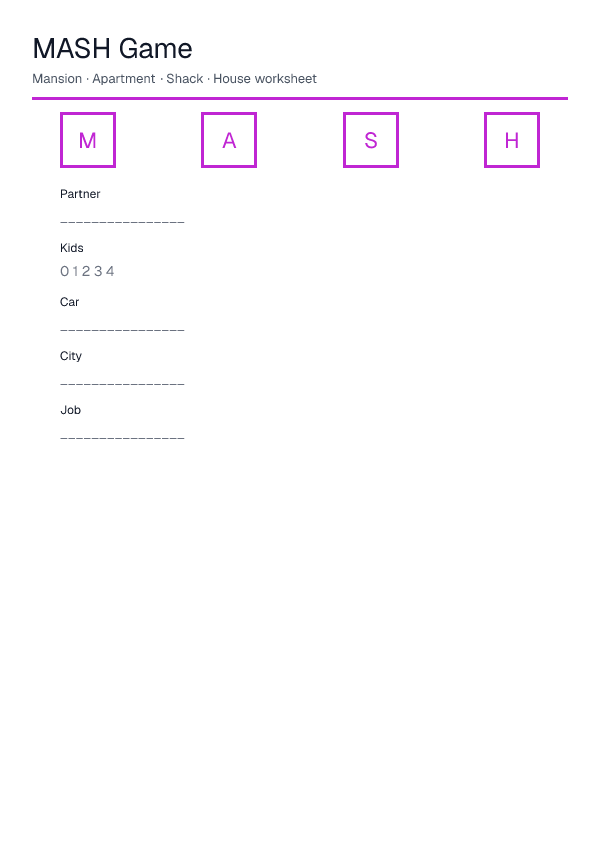 MASH Game — printable PDF preview