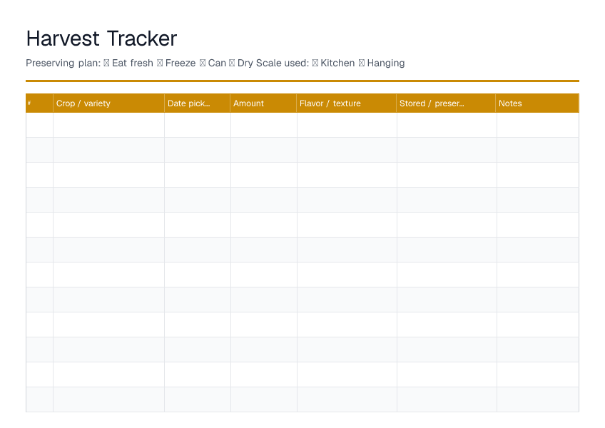 Harvest Tracker — printable PDF preview