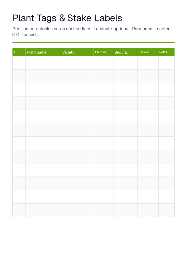 Plant Tags & Stake Labels — printable PDF preview