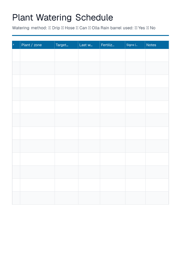 Plant Watering Schedule — printable PDF preview