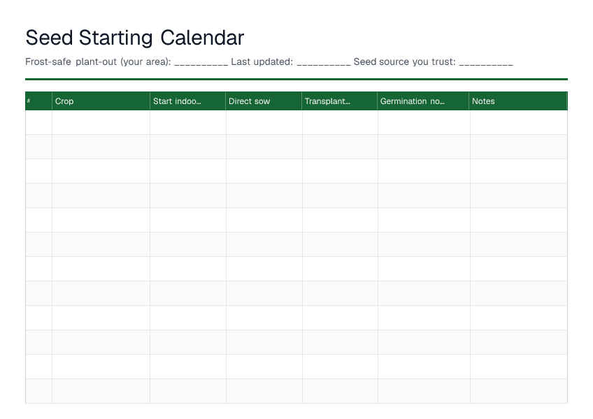 Seed Starting Calendar — printable PDF preview