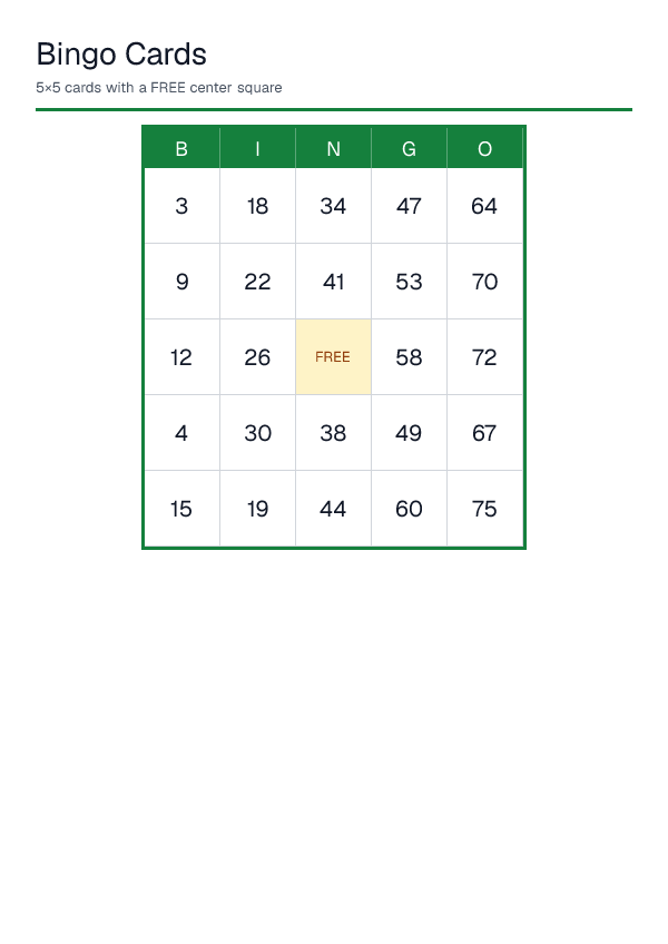 Bingo Cards — printable PDF preview