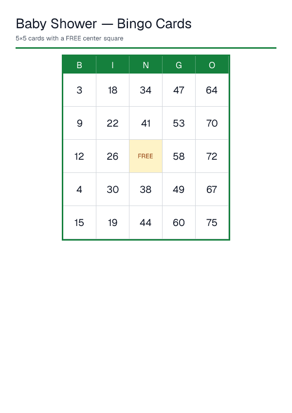 Baby Shower — Bingo Cards — printable PDF preview