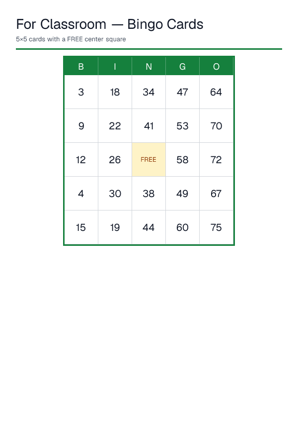 For Classroom — Bingo Cards — printable PDF preview
