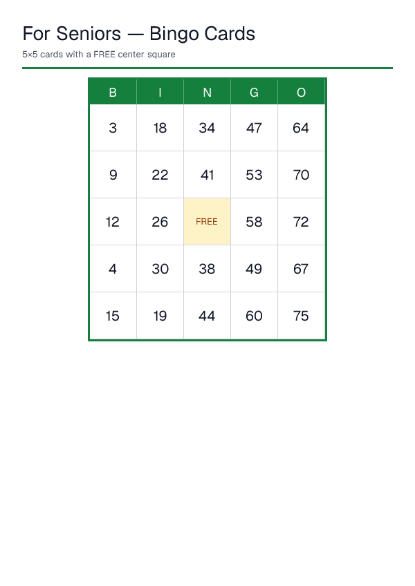 For Seniors — Bingo Cards — printable PDF preview