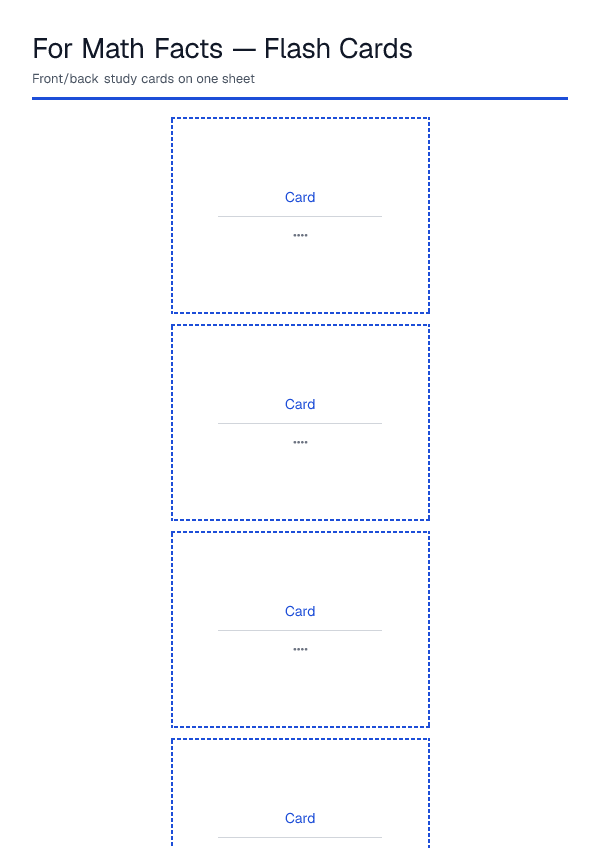 For Math Facts — Flash Cards — printable PDF preview