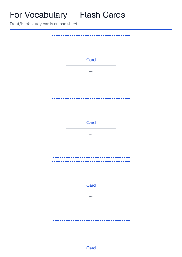 For Vocabulary — Flash Cards — printable PDF preview