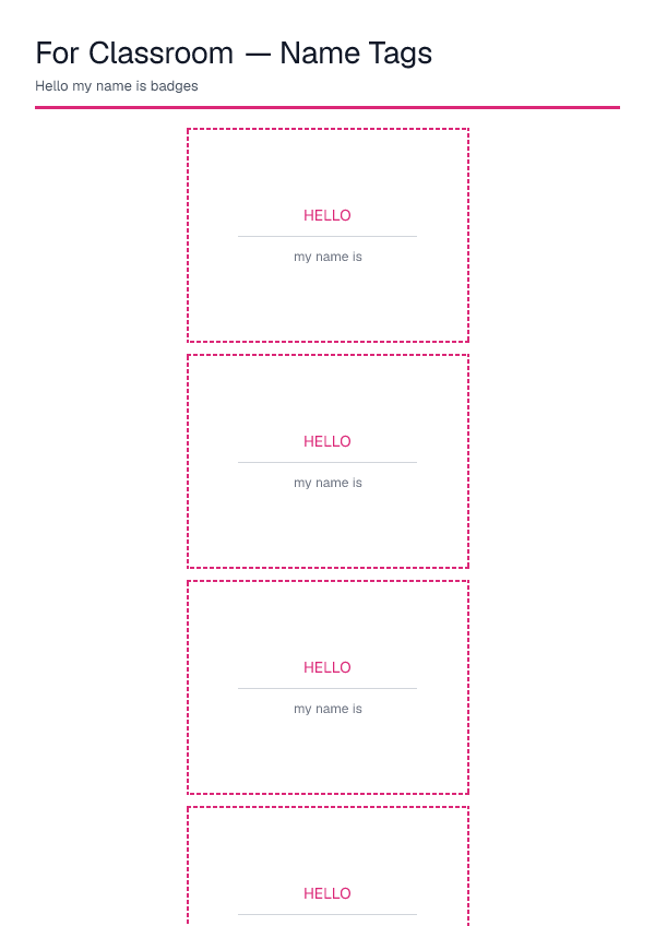 For Classroom — Name Tags — printable PDF preview