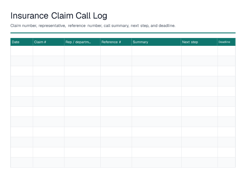 Insurance Claim Call Log — printable PDF preview