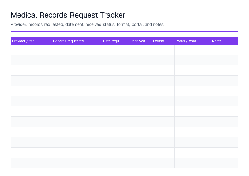 Medical Records Request Tracker — printable PDF preview