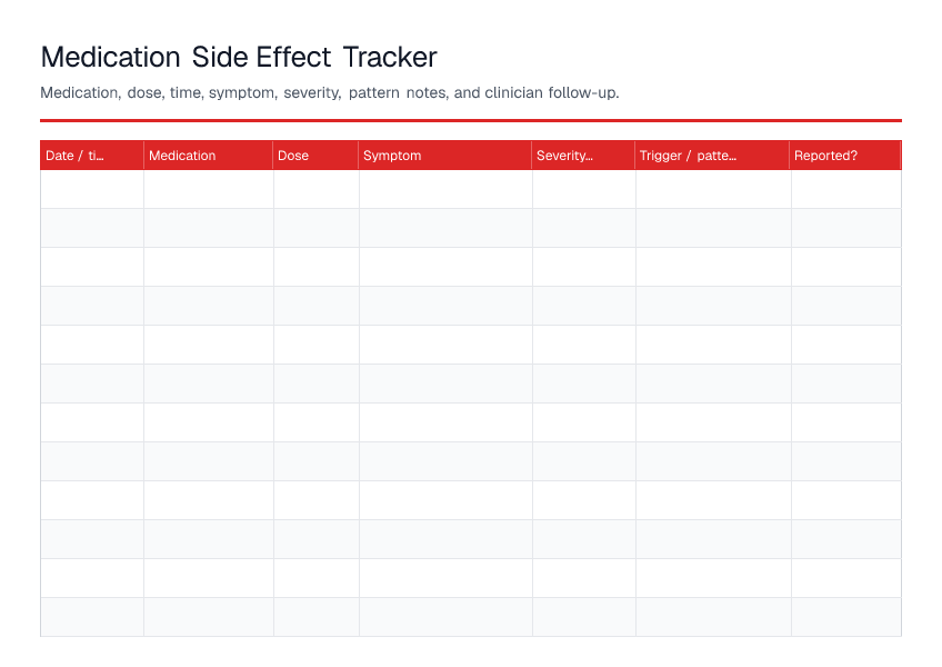 Medication Side Effect Tracker — printable PDF preview