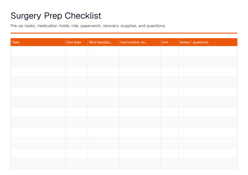 Surgery Prep Checklist — printable PDF preview