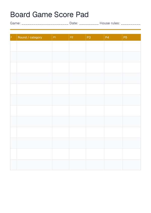 Board Game Score Pad — printable PDF preview