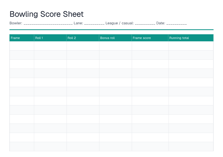 Bowling Score Sheet — printable PDF preview
