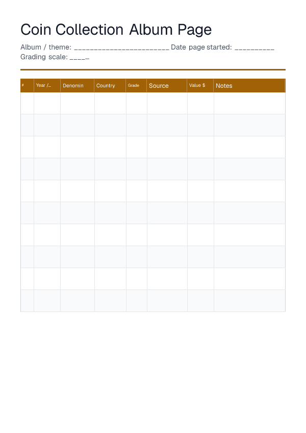 Coin Collection Album Page — printable PDF preview