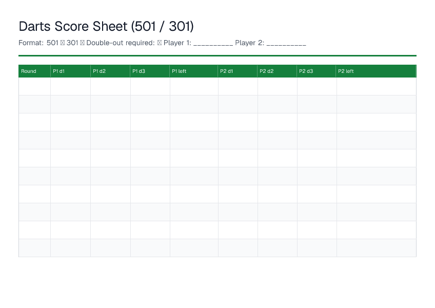 Darts Score Sheet (501 / 301) — printable PDF preview