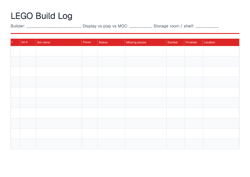 LEGO Build Log — printable PDF preview
