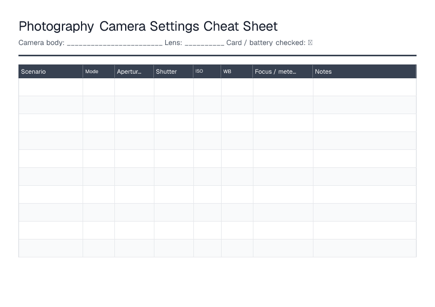 Photography Camera Settings Cheat Sheet — printable PDF preview