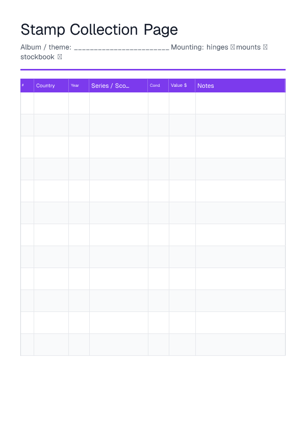 Stamp Collection Page — printable PDF preview