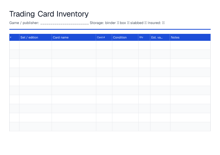 Trading Card Inventory — printable PDF preview