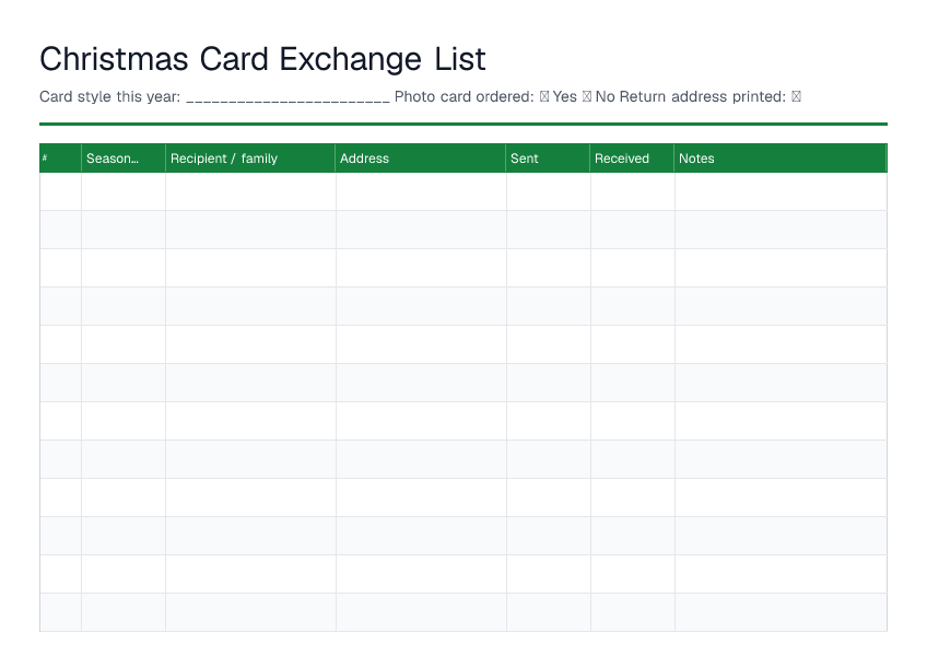 Christmas Card Exchange List — printable PDF preview