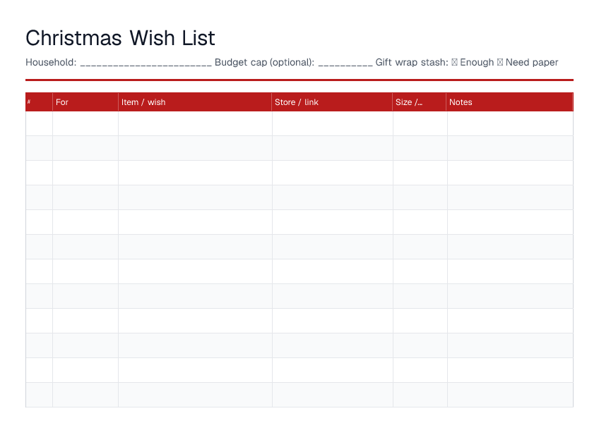 Christmas Wish List — printable PDF preview