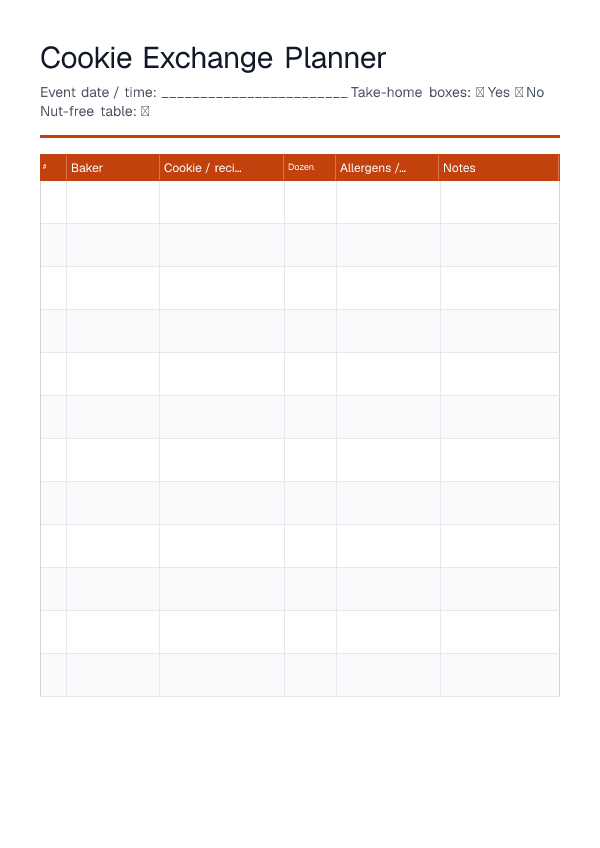 Cookie Exchange Planner — printable PDF preview