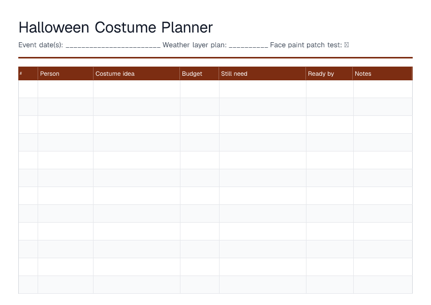Halloween Costume Planner — printable PDF preview