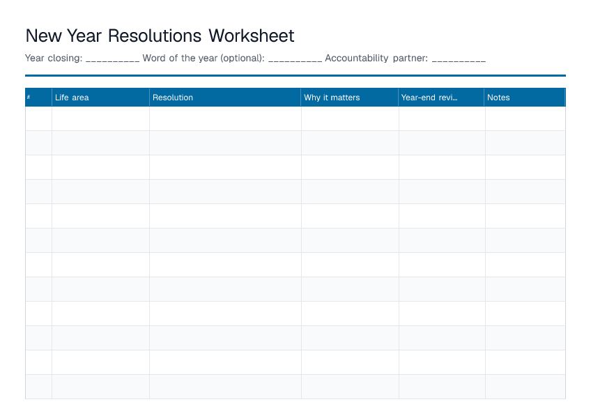 New Year Resolutions Worksheet — printable PDF preview