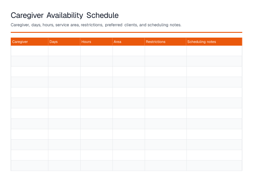 Caregiver Availability Schedule — printable PDF preview