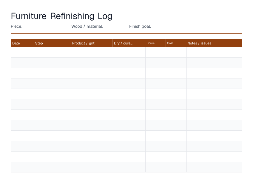 Furniture Refinishing Log — printable PDF preview