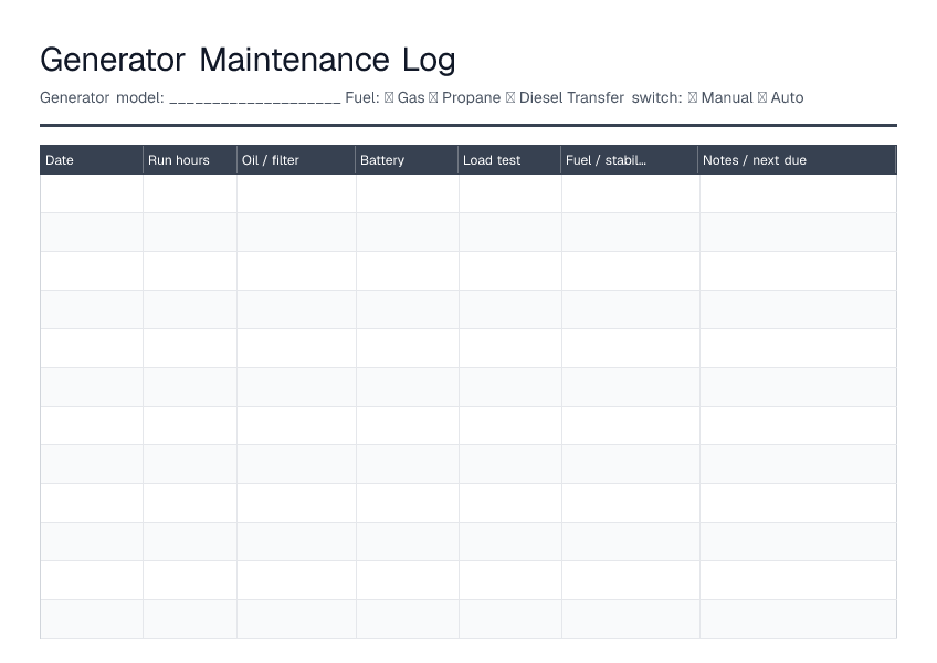 Generator Maintenance Log — printable PDF preview