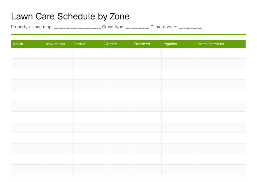 Lawn Care Schedule by Zone — printable PDF preview