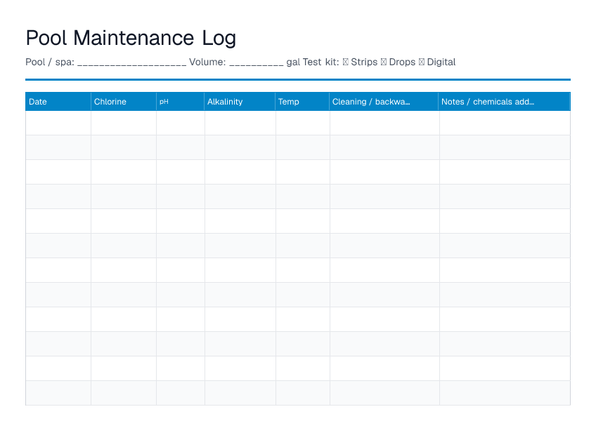 Pool Maintenance Log — printable PDF preview
